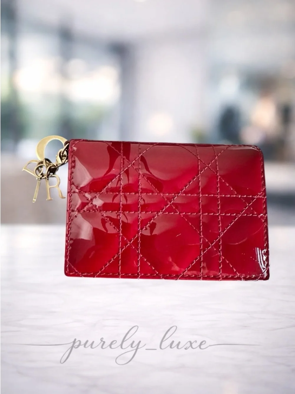 Authentic Dior Red Quilted Patent Leather Card Holder- FREE COA